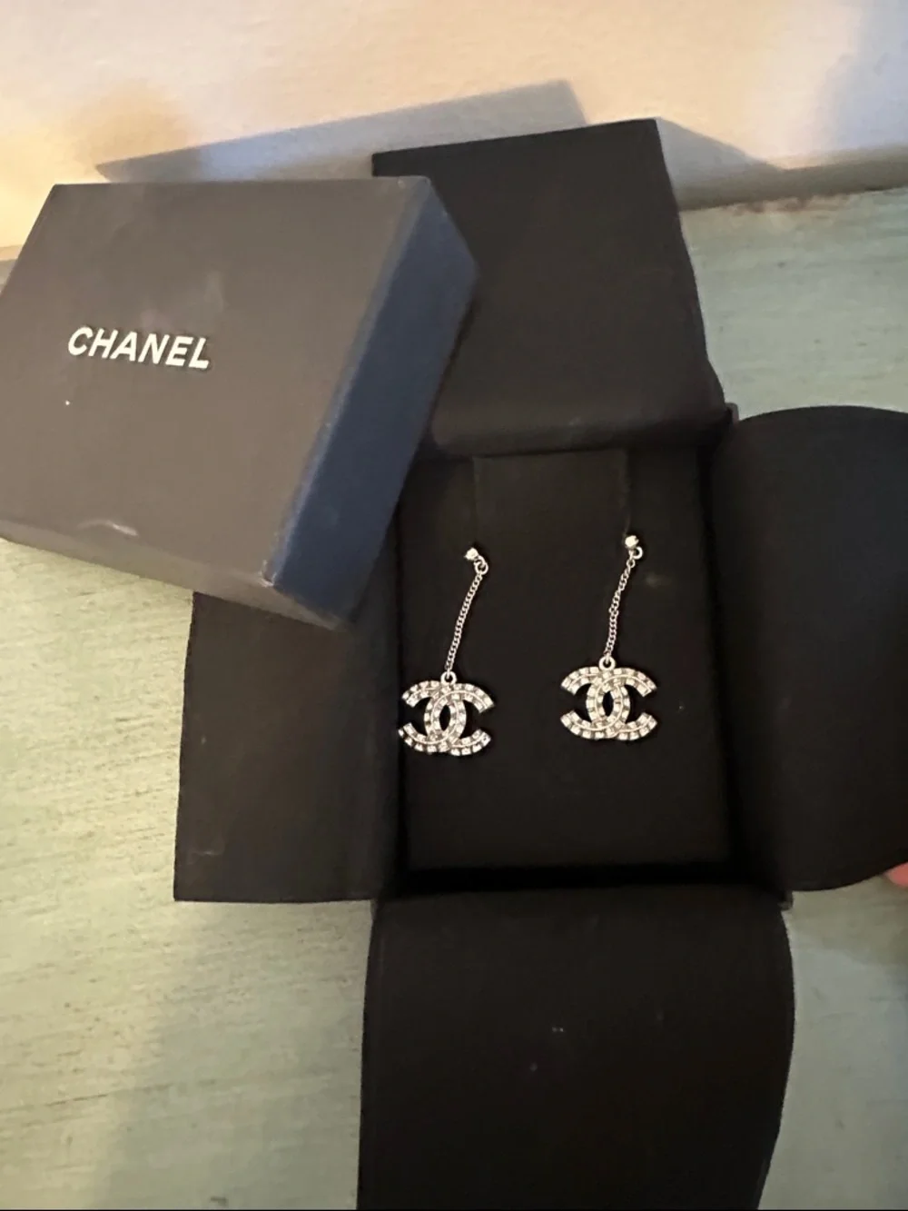 CHANEL Silver Crystal CC Dangle Earrings